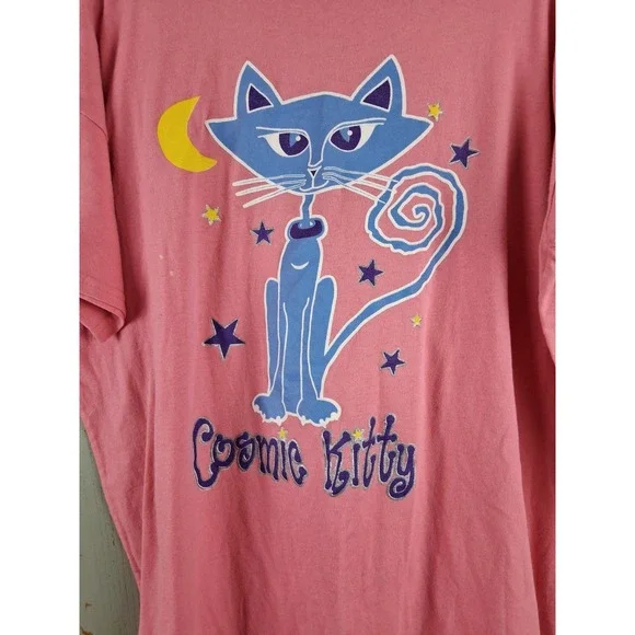 Vintage CAT Cosmic Kitty Sleep Shirt Pink One Size Short Sleeve Mini Dress Short - Picture 2 of 6
